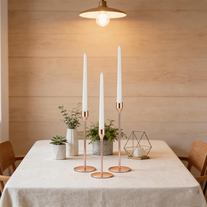 Candlestick Holders, Set of 3 Taper Pink Gold Candle Holder Decor for Date, Festival, Wedding, Party, Dinning or Anniversary, Fit 3/4" Thick Pillar Candles & Led Candles