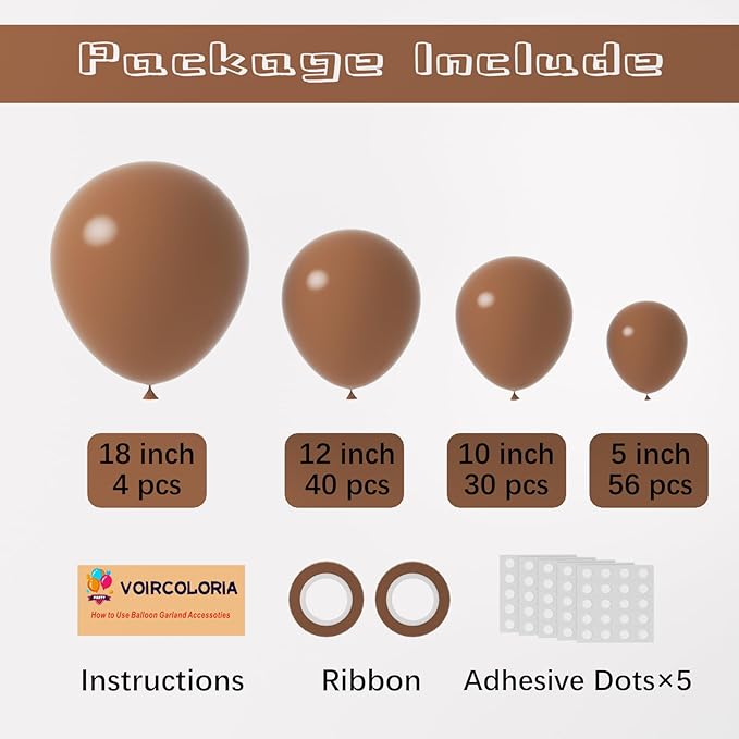 Voircoloria 130pcs Brown Balloons Different Sizes 18" 12" 10" 5" Dark Brown Party Latex Balloons for Birthday Baby Shower Gender Reveal Graduation Wedding Anniversary Party Decorations