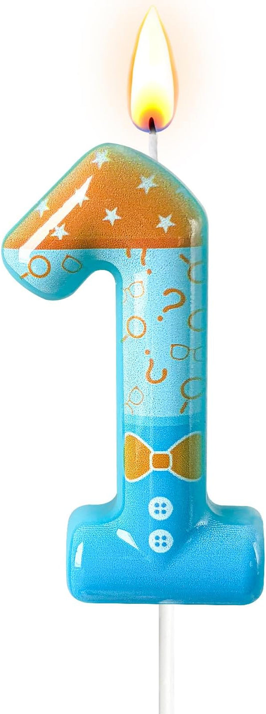 Number 1 Birthday Candle for Cake – Blue Cartoon Outfit Style with Bow Tie, Question Mark & Star Pattern – Fun Cake Topper Decoration for Celebration