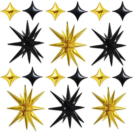TONIFUL 22Inch 18Pcs Black Gold Large Explosion Star Mylar Balloons and 10Inch Four Pointed Star Balloons Set for Christmas New Year Birthday Wedding Baby Shower Anniversary Photo Booth Supplies