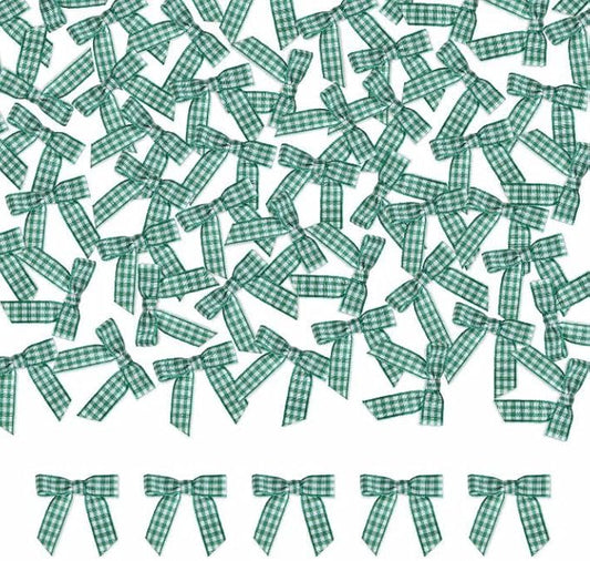 Meseey 100 Pcs 1.5 Inches Premade Gingham Craft Bows Self Adhesive Green and White Plaid Satin Ribbon Bows for Treat Bags Gift Wrapping Basket Wedding Baby Shower Brithday Party(Green and White Plaid)