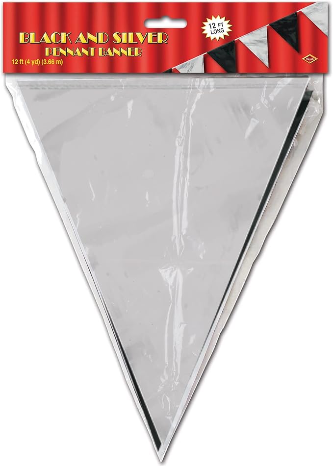Beistle 59844-BKS Pennant Banner, 11" x 12', Black/Silver