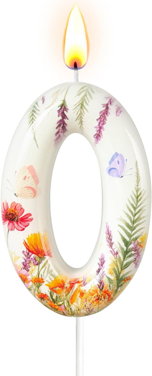 Number 0 Birthday Candle for Cake – Floral Botanical Design with Butterfly Detail – Elegant Cake Topper for Birthday, Garden Party Decoration