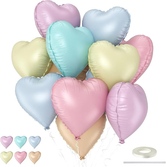 Pastel Heart Balloons, 12 Pcs Rainbow Macaron Pink Blue Green Purple Yellow Apricot Heart Shape Foil Balloon, 18 Inch Pastel Colorful Helium Balloon for Baby Shower Birthday Easter Bridal Shower Party
