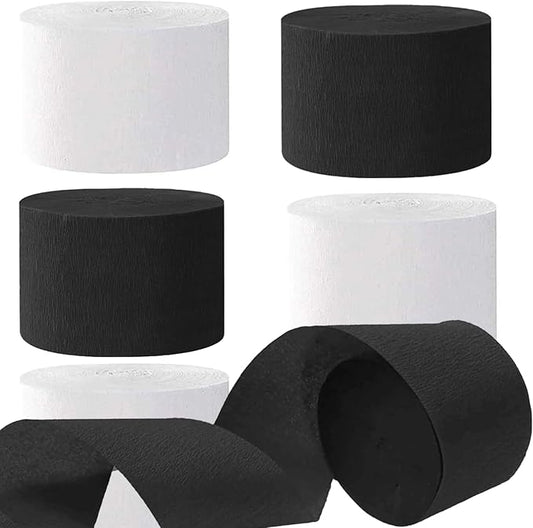 White and Black Crepe Paper Streamers 1.8 Inch Widening 6 Rolls,Black and White Party Streamer 82 feet per roll for Birthday Wedding Party Decorations