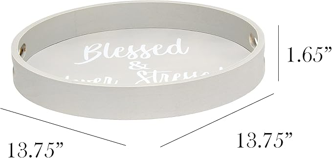Elegant Designs HG2013-GYS Decorative 13.75'' Round Wood Serving Tray w/Handles, Blessed & Never Stressed, Gray