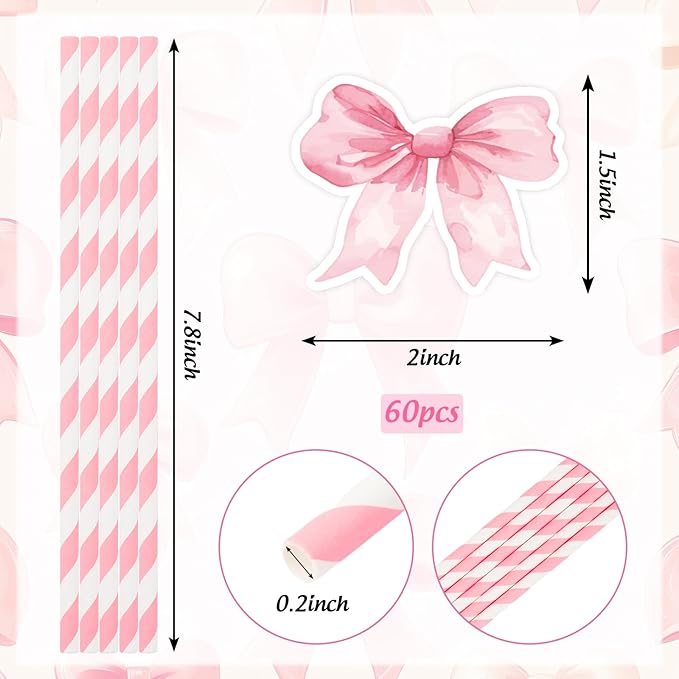 Whaline 60Pcs Pink Bow Paper Straws Tying the Knot Bride Bach Decor Coquette Pink White Striped Disposable Drinking Straw for Birthday Bridal Shower Wedding Bachelorette Party Supplies