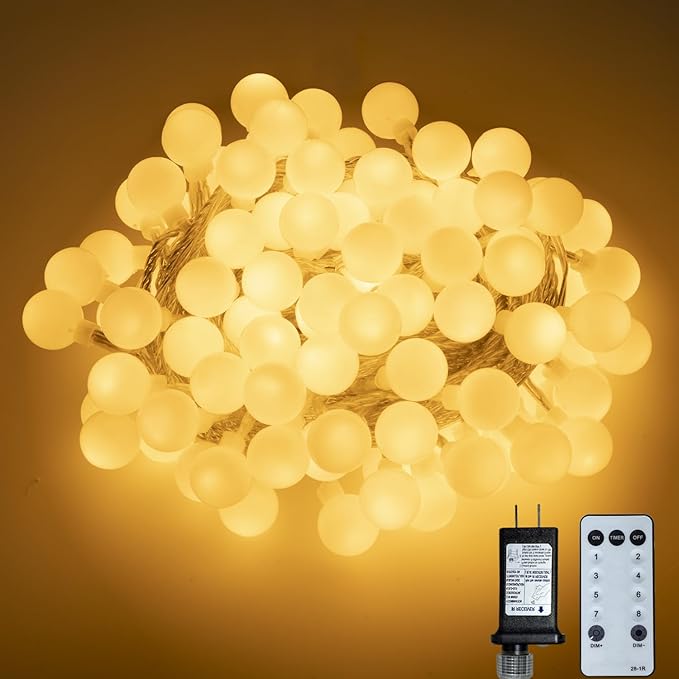 Ogrmar 49 ft 100 LED Globe Ball String Lights 8 Modes Fairy String Lights with Remote, Timer Function & Connectable for Indoor Outdoor Wedding Birthday Christmas Tree Garden Decor (100, Warm White)