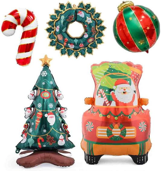 Christmas Tree Balloons Standing Santa Claus Balloons Christmas Wreath and Hanging Ball X-mas Candy Cane for Christmas-Themed Party Birthday Party Supplies Decorations 5 PCS