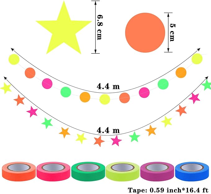 WILLBOND 127ft Glow Neon Party Supplies Set, 6 Colors UV Blacklight Reactive Tape, Neon Paper Garlands Circle Dots Stars Hanging Decorations for Birthday Wedding Glow Party Decorations