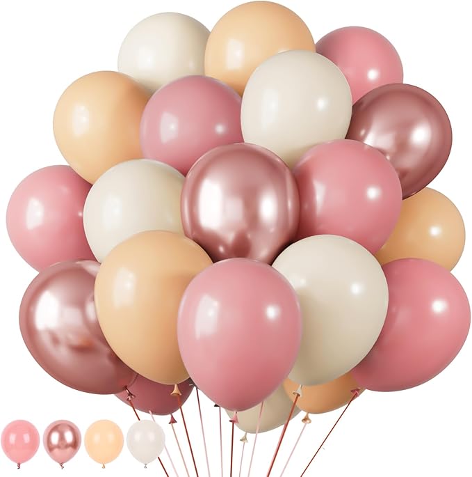 RUBFAC 65pcs 12 Inches Retro Pink Balloons Metallic Blush Rose Gold White Sand Nude Party Balloons with Ribbons for Birthday, Wedding, Baby Shower, Graduation Decorations