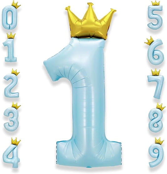 AULE 40 Inch Big Light Blue 1 Balloon Number with Crown Large Foil Helium Number Balloons 0-9 Jumbo Giant Happy 1st Birthday Party Decorations Huge Mylar Anniversary Party Supplies