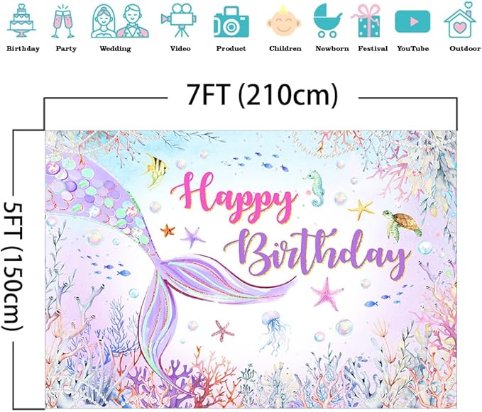 Mocsicka Mermaid Birthday Backdrop Blue and Purple Under The Sea Background for Girls Birthday Party Decor Photo Booth Props (7x5ft)