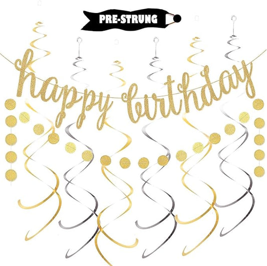 Gold Happy Birthday Banner Decoration Kit, Golden Glittery Birthday Banner Circle Dots Garland with Gold Silver Hanging Swirls for BDAY Baby Shower Party Decorations Supplies, Pre-Strung