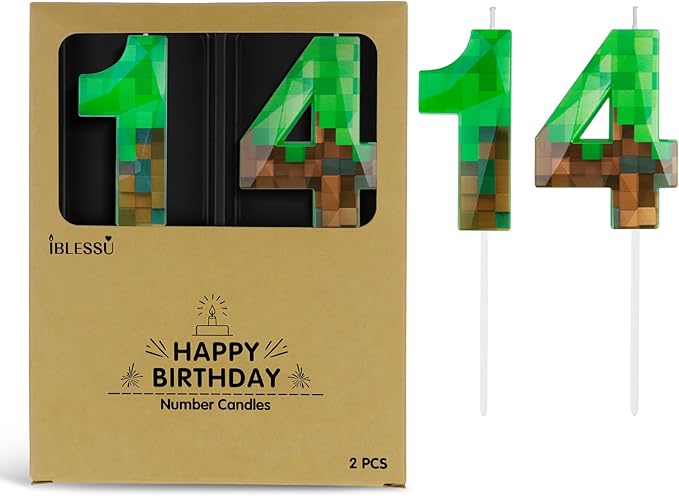 Pixel Birthday Candle, 2.68 Inch Miner Number Candles, Game Themed Candle Birthday Decoration for Pixel Theme Birthday Anniversary Dynamite Video Game Party (Green, 14)
