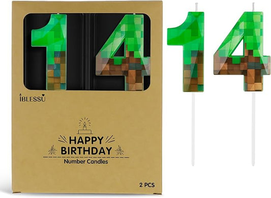 Pixel Birthday Candle, 2.68 Inch Miner Number Candles, Game Themed Candle Birthday Decoration for Pixel Theme Birthday Anniversary Dynamite Video Game Party (Green, 14)