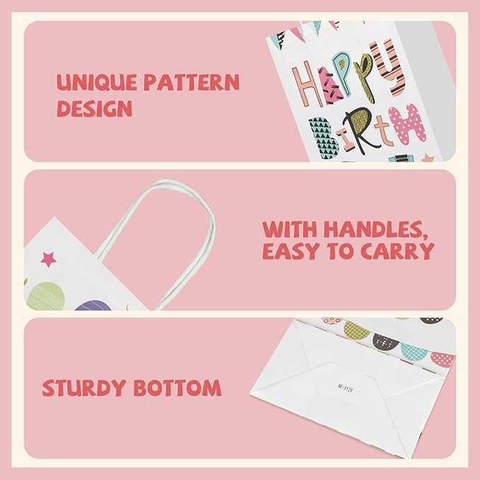 20Pcs Birthday Gift Bags with Handles, 8.2" x 5.8"x3.15" Happy Birthday Paper Favor Bags, Colorful Candle Balloon Cake Print Birthday Goodie Bags, Party Treat Candy Bags for Boys Girls Birthday Party Supplies