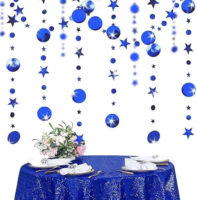 Dark Blue Party Decoration Dark Blue Star Circle Dot Hanging Garland Streamer Decorations Glitter Star Bunting Banner Twinkle Backdrop for Engagement Wedding Anniversary Baby Shower Birthday Christmas