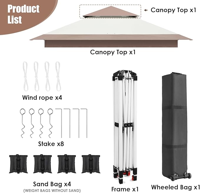Arlopu Pop Up Canopy Tent with 1-Person Set up, Camping Instant Durable Shelter, Outdoor Gazebo Beach Shade with Wheeled Bag, 4 Sand Bags for Weight (Khaki, 12FTX12FT)
