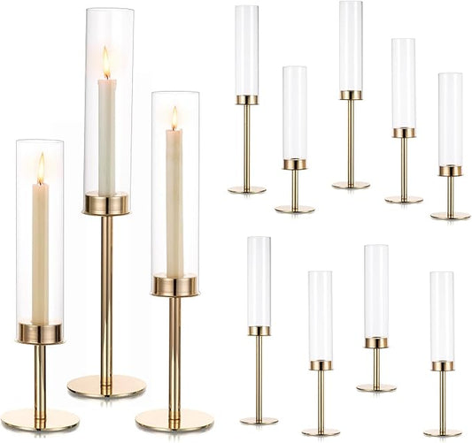 Hewory Gold Candle Holders Hurricane Candlestick Holders, 12Pcs Candle Stick Candle Holder Candelabra, Taper Candle Holders with Glass Candle Cover for Wedding Table Centerpiece Christmas Decor