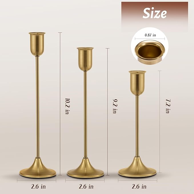 Brass Gold Candlestick Holders, Metal Taper Candle Holders Set of 6, Vintage Modern Candle Sticks Holder Decor for Table Centerpiece, Fireplace Mantel Wedding Housewarming Gift, Candlelit Dinner Décor