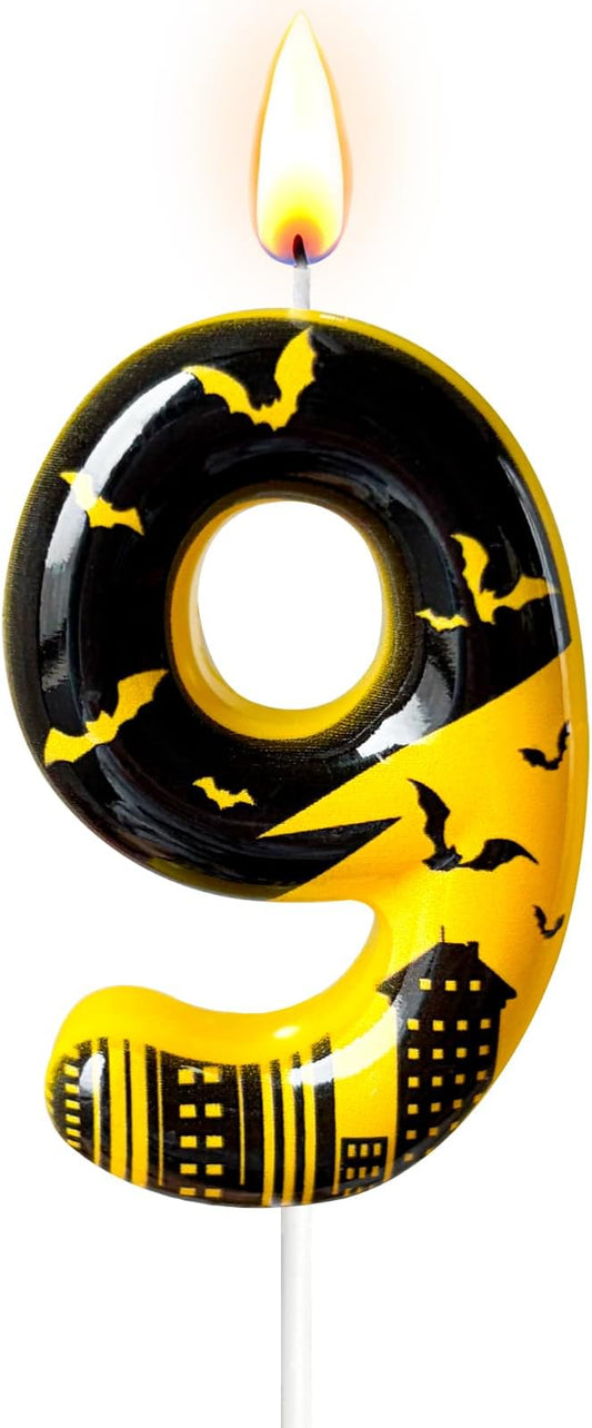 Black Yellow Number 9 Birthday Candle for Cake – Dark Night Hero Style with Bat & City Silhouette Design – Unique Cake Topper for Birthday, Anniversary, Themed Party Decoration