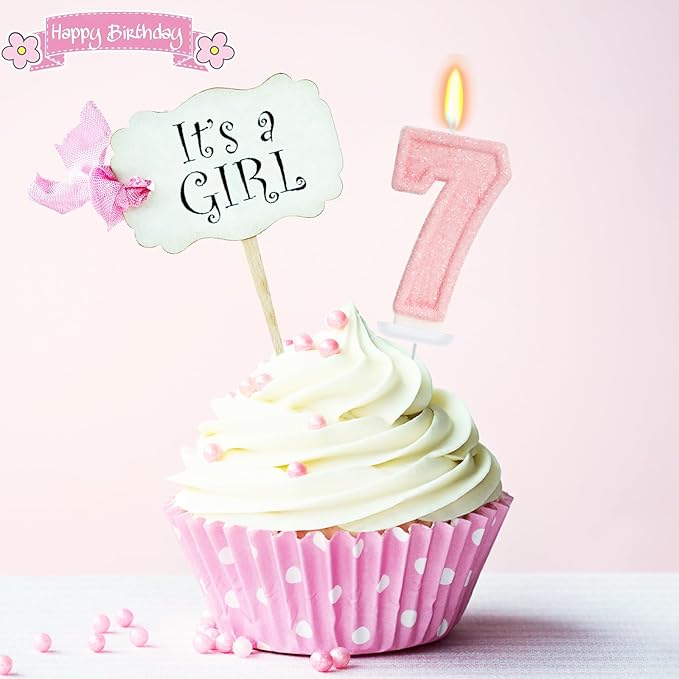 Pink Birthday Candles - Number 7 Candle for 7th Birthday Decorations for Girls, Pink Cake Decorations Sweet Birthday Decorations Girl