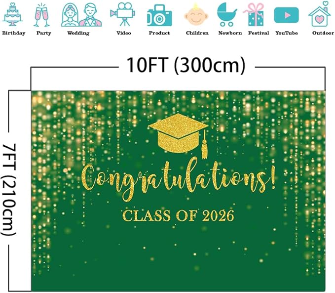 Mocsicka Class of 2026 Backdrop Green Gold Glitter Bokeh Graduation Party Background 2026 Congrats Grad Prom Party Cake Table Decoration Photo Booth Props (10x7ft)