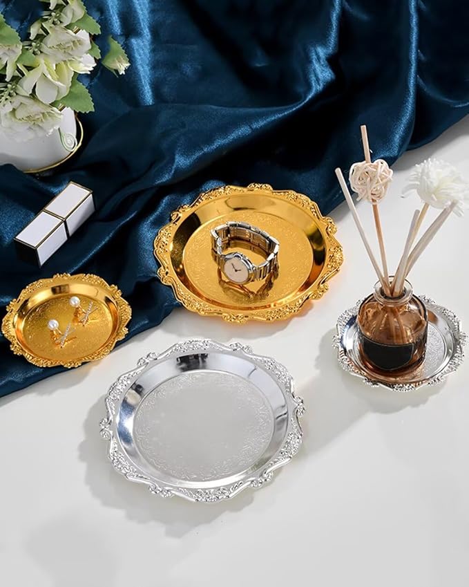 Round Decorative Tray 3.9in Metal Dessert Plates Vintage Coffee Table Tray for Snacks Fruit Gold