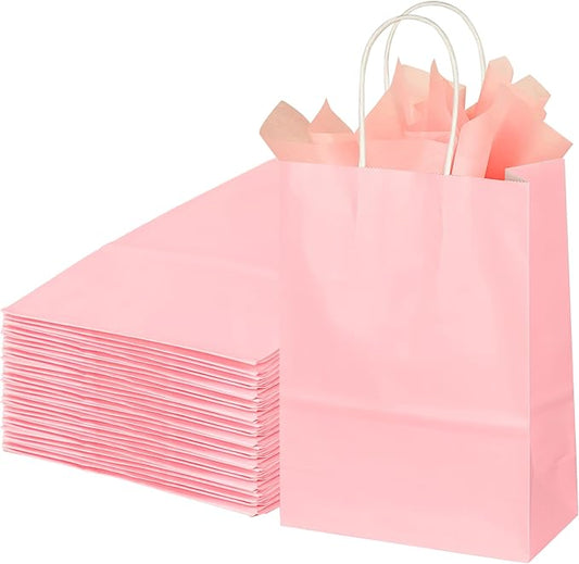 BLEWINDZ 32Pcs Small Paper Gift Bags with Tissues, Pink Party Favor Bags with Handles, 8.7" Goodie Bag for Birthday, Shopping, Party Supplies