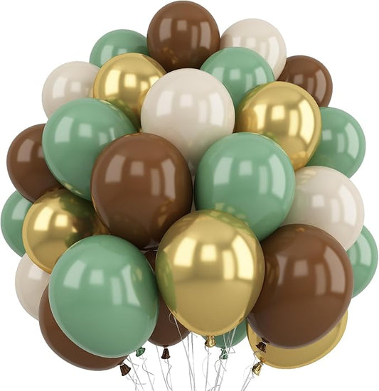 Sage Green and Brown Balloons, 12Inch Olive Green Gold and Brown Latex Balloon, Safari Jungle Coffee White Sagegreen Balloons for Woodland Animal Theme Kids Birthdays Hunting Zoo Party Decorations