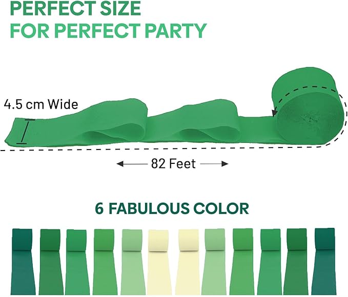 Captain Décor 12 Crepe Paper Streamers Rolls, 984ft Pack of12 Green & White Streamers for Party Decorations, Birthday Streamers, Party Streamers for Wedding Decoration (1.8 inch x 82 ft/Roll)…