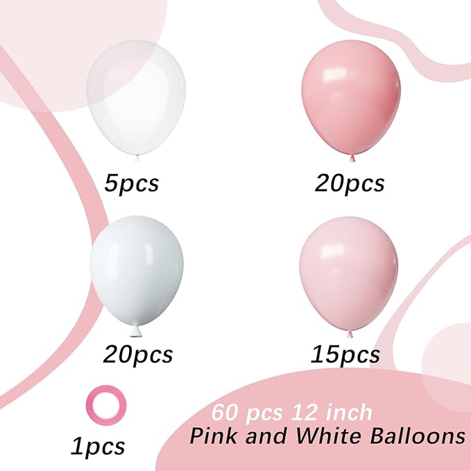 Pink and White Latex Balloons, 60pcs 12 Inches Pink and White with Transparent Balloons for Wedding, Birthday, Baby Shower Party Decorations