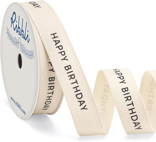 Ribbli Birthday Cotton Ribbon Natural Twill Tape Cotton with Black Happy Birthday Farmhouse Ribbon Use for Gift Wrapping Baking Crafts Home Decor-5/8 Inch x 10 Yard