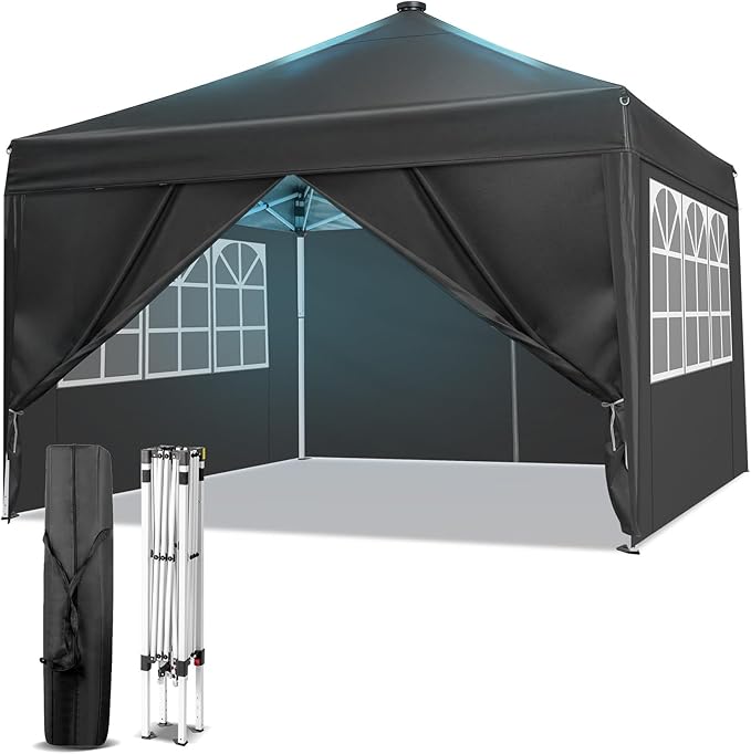 Outvita 10x10ft Ez Pop Up Canopy, Portable Instant Canopy Tent with 4 SideWalls & Meteor LED Lights for Outdoor Events, Party, Wedding, Birthday,Graduation