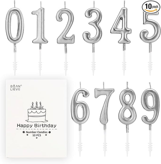 Beanlieve 10-Pieces Numeral Birthday Candles - Cake Numeral Candles Number 0-9 Glitter Cake Topper Decoration for Birthday,Wedding Anniversary,Party Celebration (Silver)