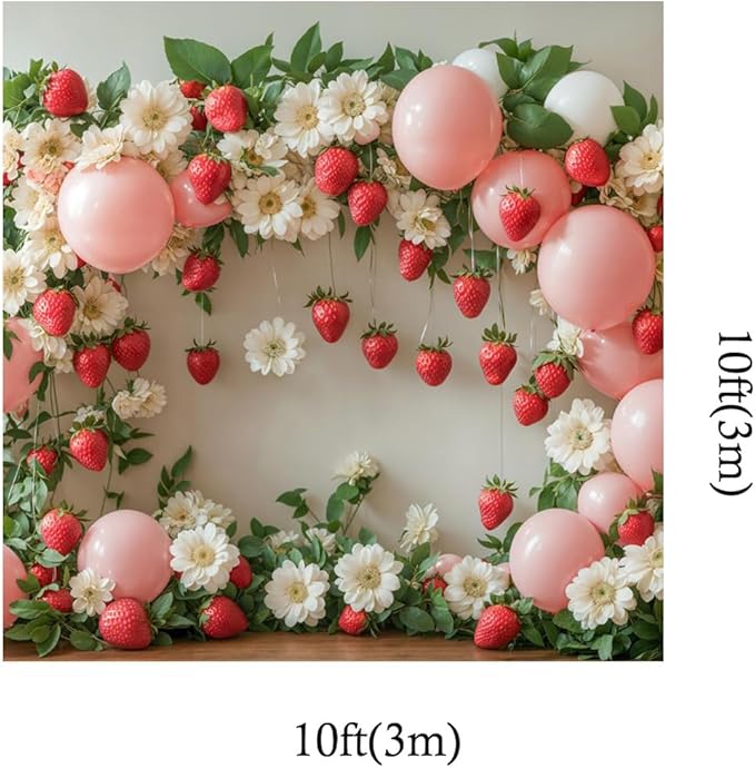 Kate 10x10ft Happy Birthday Party Pink Balloons Photography Backdrops Spring Flowers Wall Strawberry Decoration Kids Baby Shower Photo Background