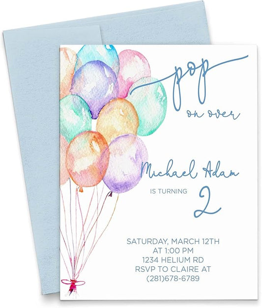 Modern Pink Paper Balloon Birthday Invitation for Boys, Balloon Invitations for Kids Party, Your choice of Quantity, Age, Info and Envelope Color