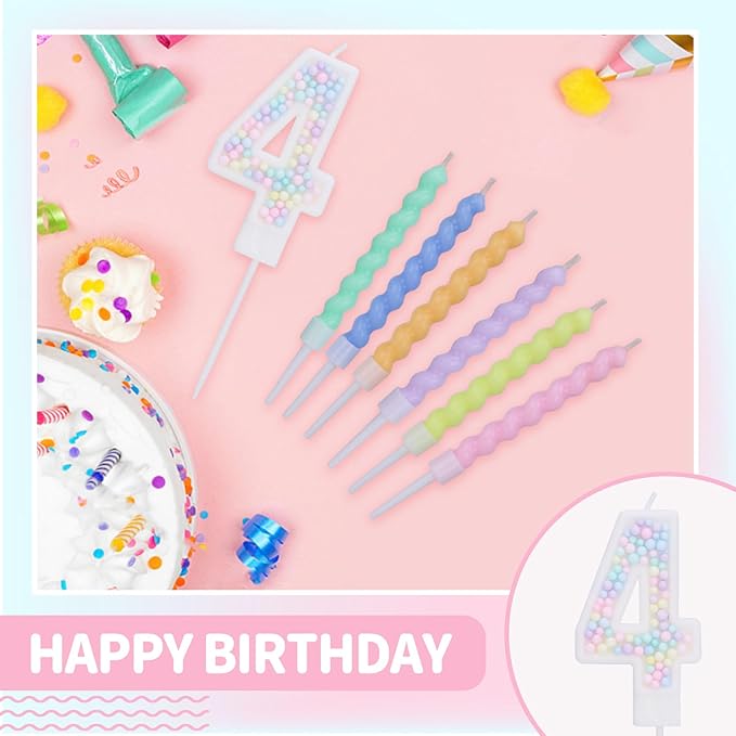 Number 4 Birthday Candles for Cake with 15 Pieces Spiral Candles with Macaron Pastel Rainbow Pink Cake Toppers for Girls Happy Birthday Party Decorations