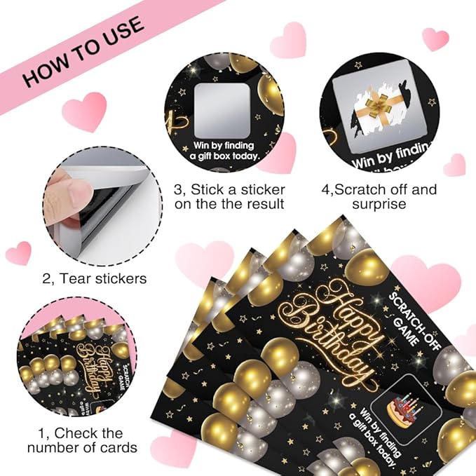 50 Pcs Happy Birthday Scratch off Game Cards, Black Golden Balloons Scratch Cards for Birthday Party, Lottery Group Games Activity, Raffle Tickets, Party Supplies