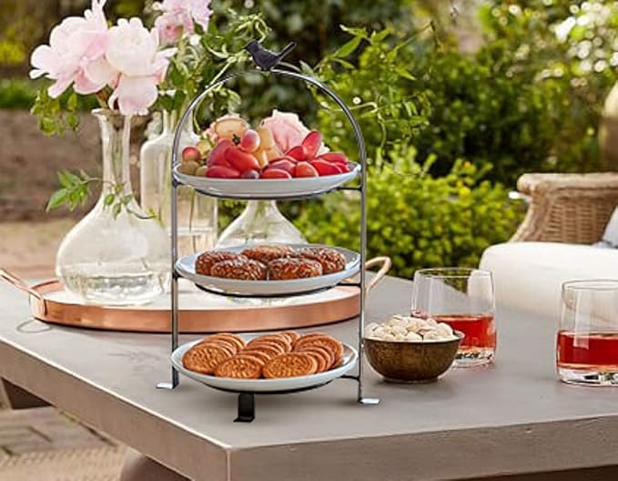 SparkWorks 3 Tiered Cake Stand, Tea Party Serving Platter, Dessert and Cupcake Stand, Metal Tiered Serving Stand Includes Three Premium White Stoneware Plates