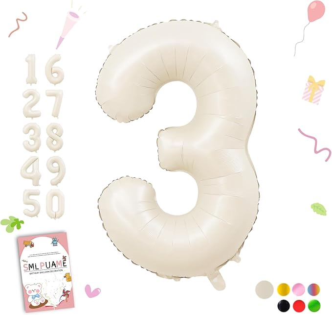 40 Inch Beige Number 3 Balloons for 3rd Birthday Decorations Boys Girl, Giant Self-Sealing Cream Foil Number 0-10 White Sand Balloon for Women Men Party Anniversary Baby Shower Supplies