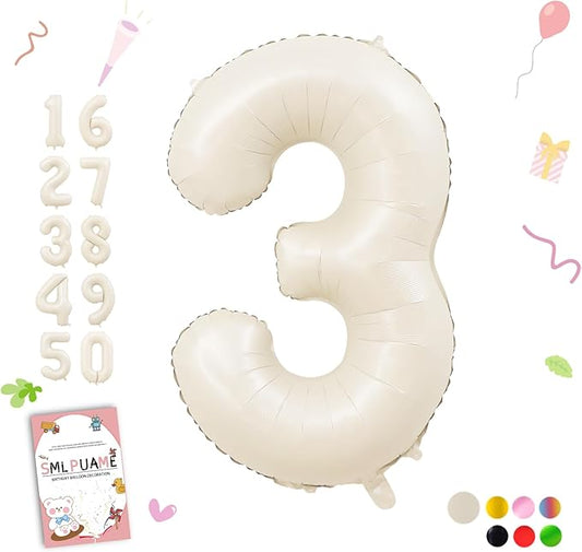 40 Inch Beige Number 3 Balloons for 3rd Birthday Decorations Boys Girl, Giant Self-Sealing Cream Foil Number 0-10 White Sand Balloon for Women Men Party Anniversary Baby Shower Supplies