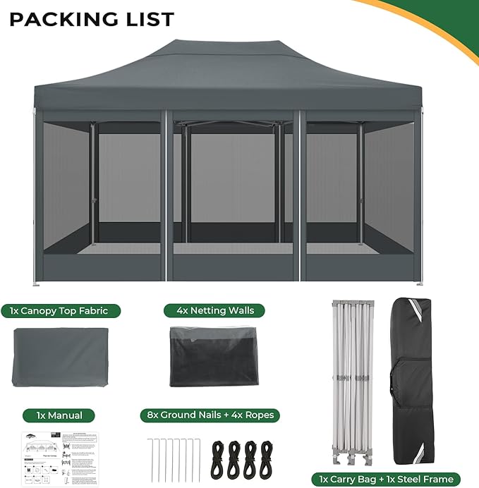 COBIZI 10x15 Heavy Duty Pop Up Canopy with 4 Sidewalls, Commercial Gazebo Party Tent with Mosquito Netting Wall Easy Set Up Outdoor Instant Screen Tent for Backyard, Patio, Garden, Gray
