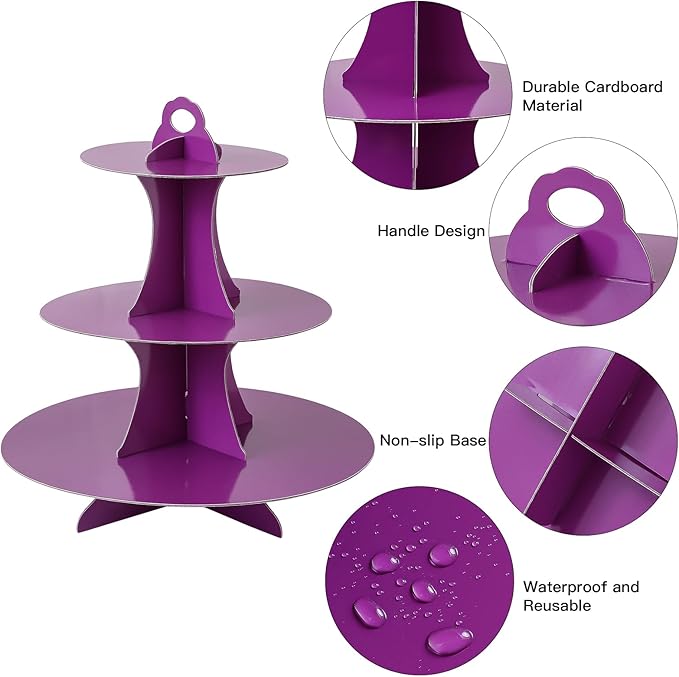 Soleebee 3-Tier Round Cupcake Stand, Cardboard Cupcake Tower, Dessert Cup Cake Stand Tower for Birthday Wedding Party Decoration, Cupcake Tier Stand 2 Set (Purple)