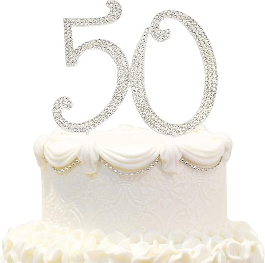 Bling Crystal Rhinestone 50 Birthday Cake Topper - Best Keepsake | 50th Party Decorations Silver