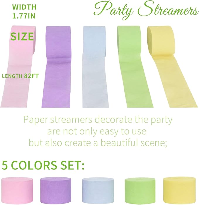 Pastel Crepe Paper Streamers Birthday Party Decorations- Pastel Pink Purple Blue Yellow Green Multicolor Streamers(5 Rolls) for Whimsical Fancy Cartoon Blue Dog Pink Pig Unicorn Bear Ice Cream Party