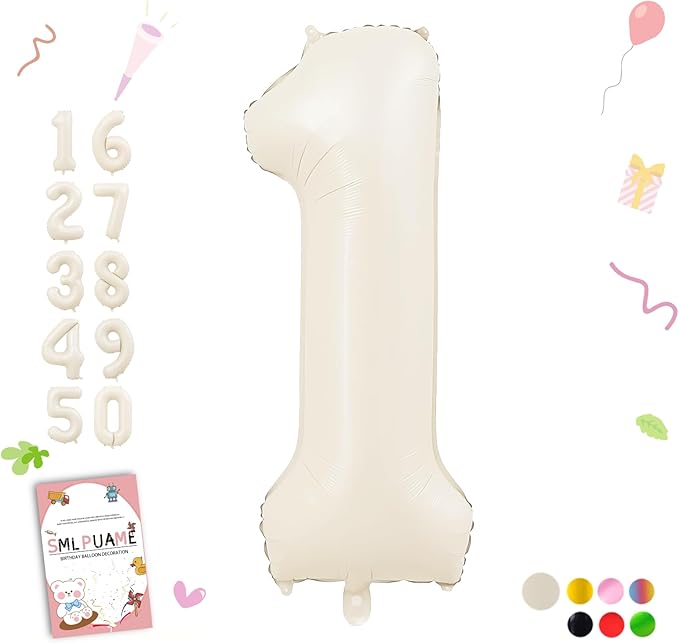 40 Inch Beige Number 1 Balloon for 1st Birthday Decorations Boys Girls, Large Self Inflating Cream Foil Number 0-9 White Sand 1 Balloons for Women Men Party Anniversary Supplies Baby Shower