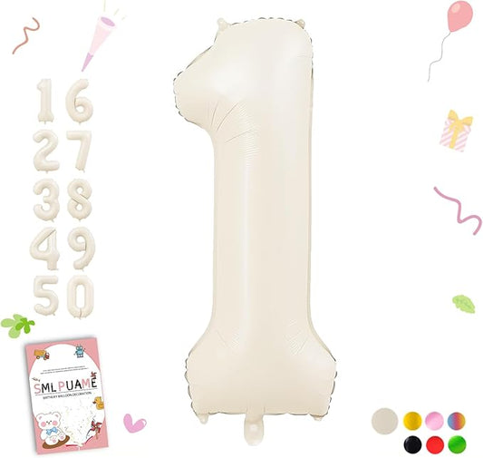 40 Inch Beige Number 1 Balloon for 1st Birthday Decorations Boys Girls, Large Self Inflating Cream Foil Number 0-9 White Sand 1 Balloons for Women Men Party Anniversary Supplies Baby Shower