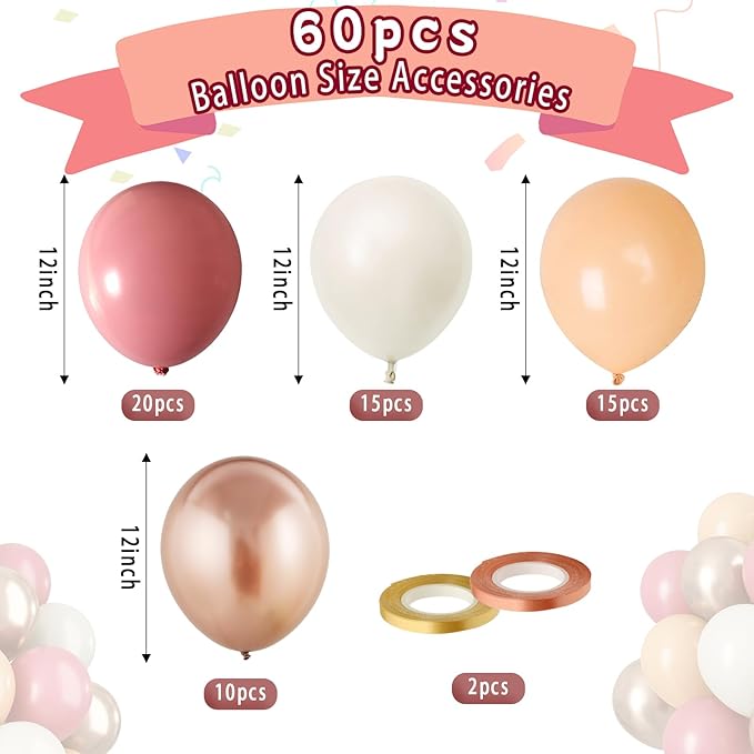 Paready Dusty Pink Latex Balloons, 60 Pcs 12 Inch Nude and Dusty Pink Balloon, Nude and Sand White Champagne Gold Balloons for Birthday Baby Shower Anniversary Wedding Bridal Shower Party Decoration